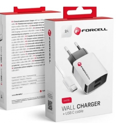 5901737856685 CARICATORE DA RETE FORCELL 2x USB-A + CAVO DATI USB-A To Type-C 2A 10W