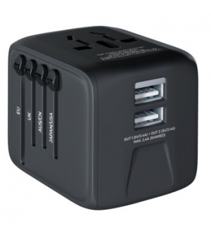 4251488661290 PRIO UNIVERSAL TRAVEL ADAPTER 2.4A BLACK + POCHETTE ( EU - UK - US - AUS/CN )