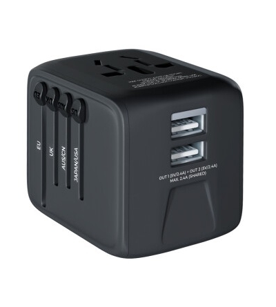 4251488661290 PRIO UNIVERSAL TRAVEL ADAPTER 2.4A BLACK + POCHETTE ( EU - UK - US - AUS/CN )