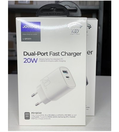 6941237186089 JOYROOM "Dual Port Fast Charger 20W" CARICATORE RICARICA RAPIDA CON DOPPIA PORTA (1x USB-A / 1x USB Type-C) WHITE