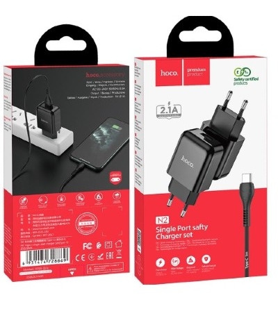 6931474728869 HOCO N2 ALIMENTATORE RETE NERO 1x USB 5V 2.1A CHARGER + CAVO TYPE-C