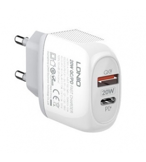 6933138690741 CARICATORE DA RETE LDNIO A2316C FAST CHARGER QC 3.0 20W DUAL PORT + CAVO LIGHTNING TO TYPE-C WHITE