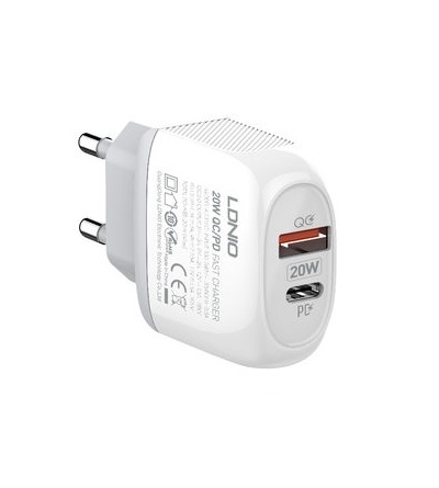 6933138690741 CARICATORE DA RETE LDNIO A2316C FAST CHARGER QC 3.0 20W DUAL PORT + CAVO LIGHTNING TO TYPE-C WHITE