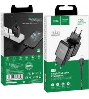 6931474728821 HOCO N2 ALIMENTATORE RETE NERO 1x USB 5V 2.1A CHARGER + CAVO LIGHTNING